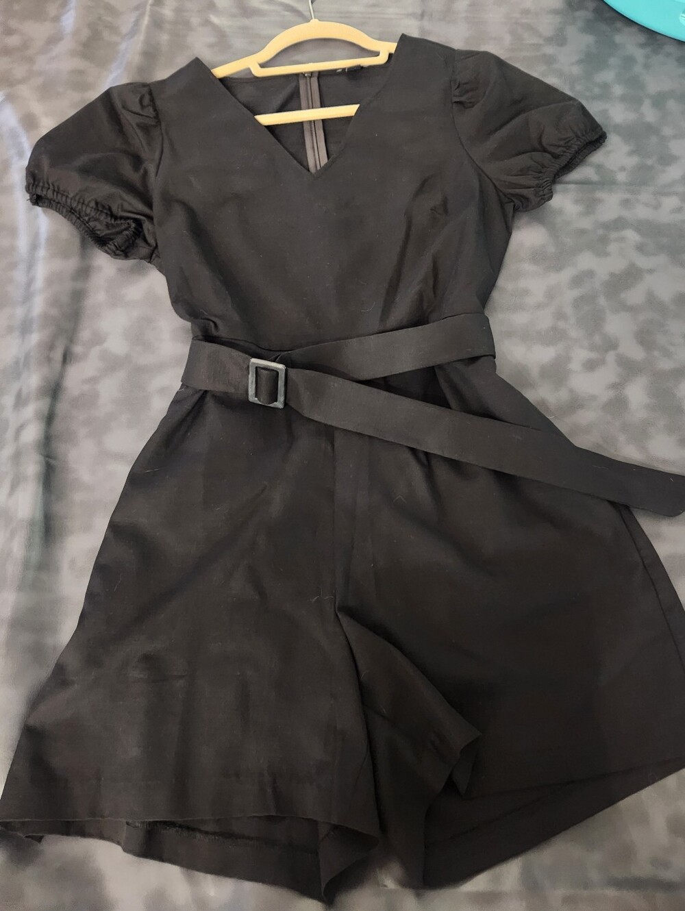 Ann Taylor Black Short-Sleeve V-Neck Romper with Waist Belt
